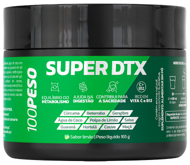 Pote na cor preta e rótulo verde de emagrecedor natural Super DTX 100PESO